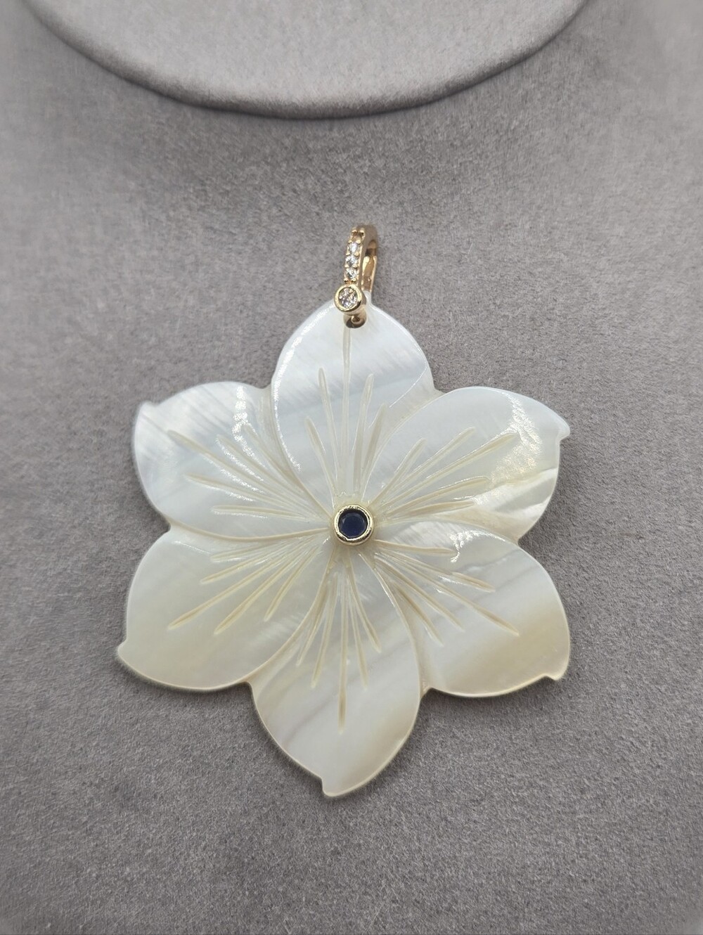 Mother of Pearl Carved Flower Pendant Gold Tone Blue & Clear Stone Large 2"